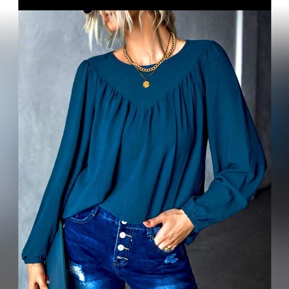SHEIN Solid Bishop Sleeve Blouse blue size L - Picture 1 of 8